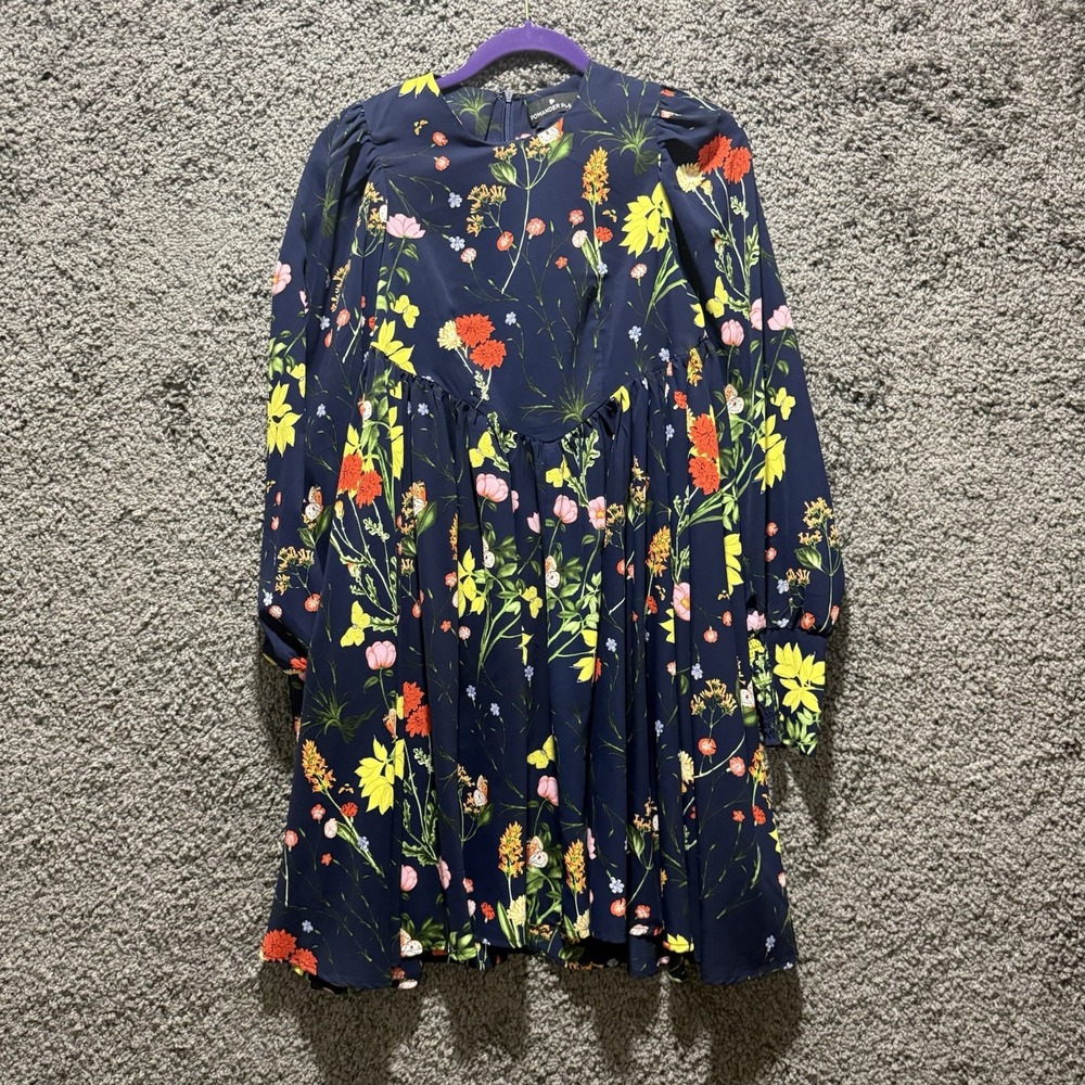 Pomander Place Navy Floral Butterfly Smocked Mini Dress Long Sleeve XS